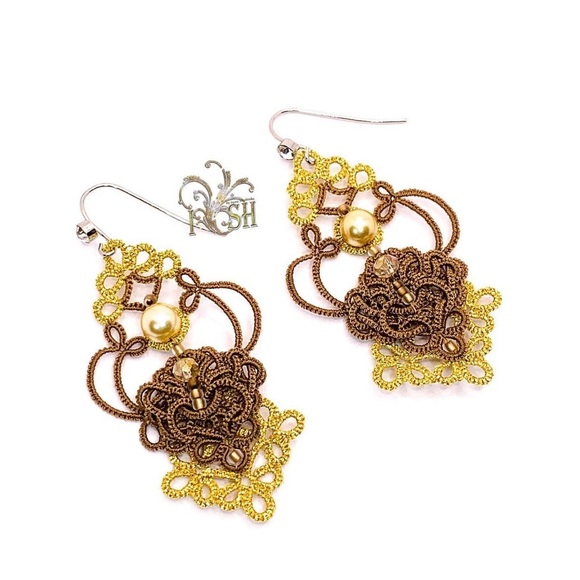 Unique Gold & Brown Tatting Earrings β Only One Pair! - Picture 3 of 5
